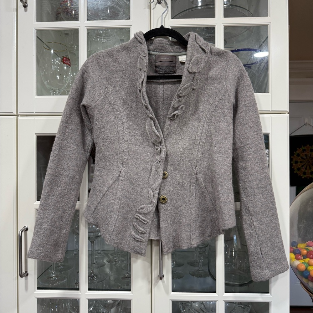 Guinevere Light Gray Wool Cardigan with Ruffle Trim